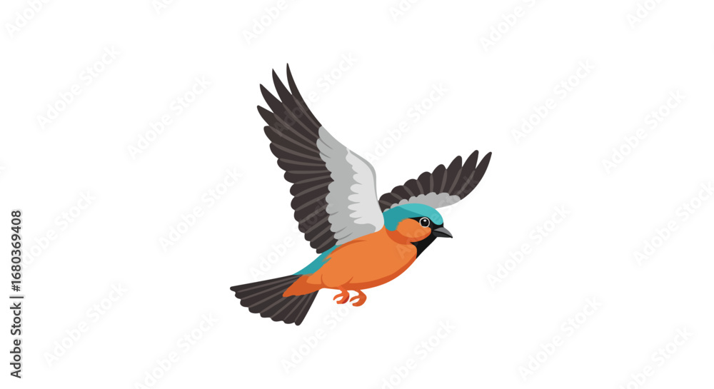 Obraz premium Vibrant avian illustration: A flying bird with bold hues set against a stark white backdrop offers a symbol of freedom and grace