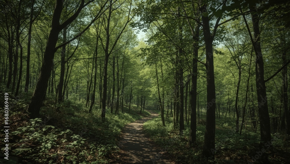 Obraz premium Winding walkway in spring green beech forest