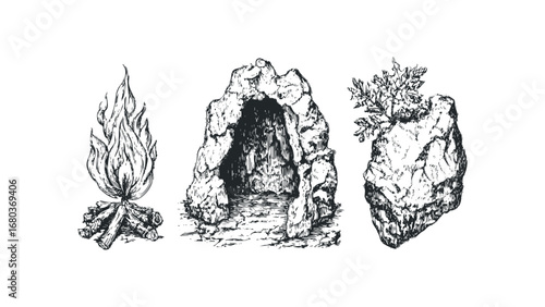 Sketch of campfire, cave entrance, and rocky outcrop with plant. Vector hand drawn illustration