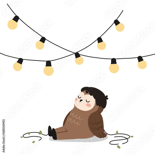 A cute owl rests serenely beneath twinkling fairy lights.