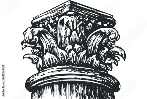 Ornate carved capital on architectural column in linocut style. Vector hand drawn illustration