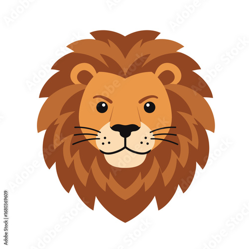 A stylized, close-up illustration of a fierce lion's face with a prominent, shaggy mane and intense eyes, presented against a clean white background.