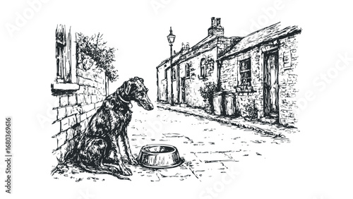 Sketch of a dog sitting patiently with an empty bowl on a cobblestone street. Vector hand drawn illustration