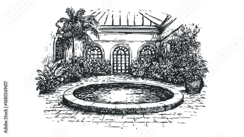 Potted Plants Surround Circular Water Feature Inside Conservatory With Arched Windows. Vector hand drawn illustration