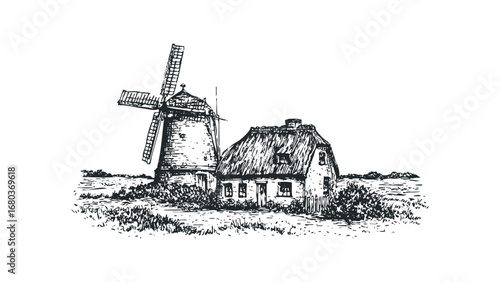 Sketch of traditional windmill with thatched roof cottage in field. Vector hand drawn illustration
