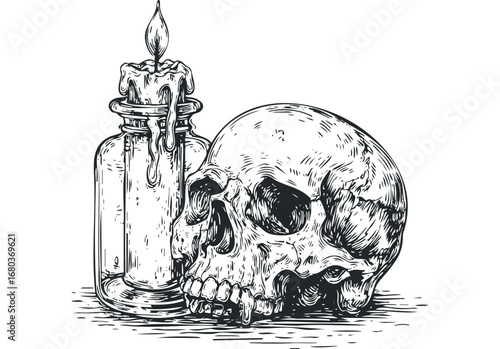 Vintage Engraved Skull with Dripping Candle and Bottle. Vector hand drawn illustration