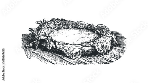 Hand-drawn sketch of a nest made from straw and animal fur. Vector hand drawn illustration