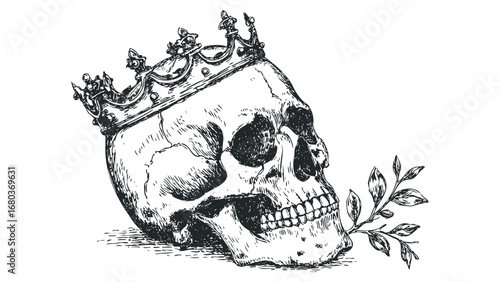 Ornate crown adorns skull with branch in mouth rendered in sketch style. Vector hand drawn illustration
