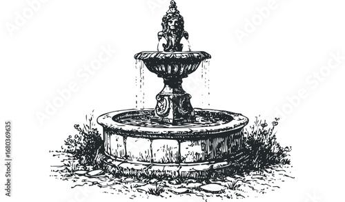 Ornate stone fountain with cascading water and surrounding foliage in a classic sketch style. Vector hand drawn illustration