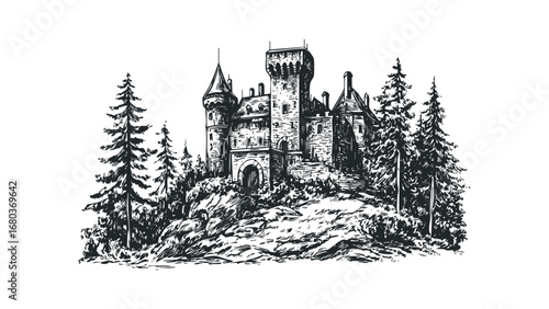 Ink Sketch of Medieval Castle Among Pine Trees. Vector hand drawn illustration