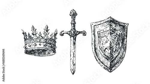 Hand drawn ancient crown sword and shield vector graphic. Vector hand drawn illustration