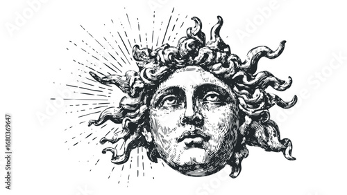 Detailed engraving of a solar deity face with flowing hair and radiating lines. Vector hand drawn illustration
