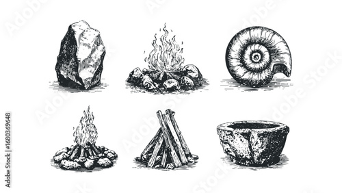 Engraving Style Objects Campfire Stone Ammonite Fossil Wood Pile Bowl. Vector hand drawn illustration