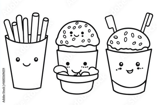 Kawaii fast food coloring page with cute cartoon designs, simple thick black line art on white background, minimal vector style for kids