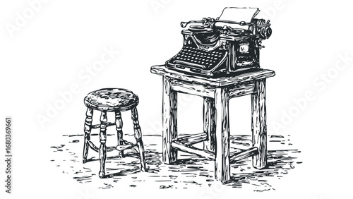 Vintage typewriter on wooden stand with stool sketch. Vector hand drawn illustration