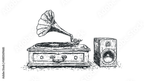 Vintage record player and speaker sketch on a white background. Vector hand drawn illustration