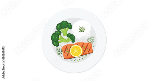 Nutritious salmon plate with broccoli rice and lemon, offering a balanced and healthy meal option beautifully plated and ready to be enjoyed