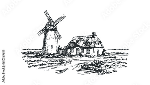Sketch of a windmill and thatched cottage with surrounding landscape. Vector hand drawn illustration