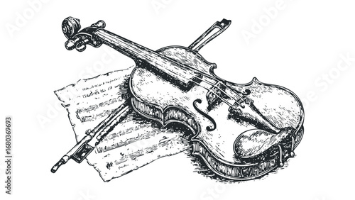 Violin with Sheet Music and Bow in Sketchy Hand-Drawn Style. Vector hand drawn illustration
