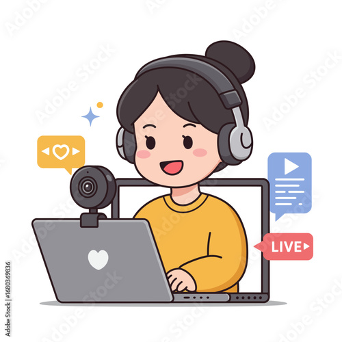 A cheerful cartoon girl wearing headphones and using a laptop with a webcam for live streaming or online communication.