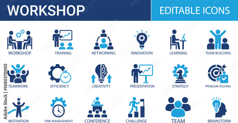 Fototapeta premium Workshop icon set. Containing team building, collaboration, teamwork, coaching, problem-solving and education icons. Solid icon collection.
