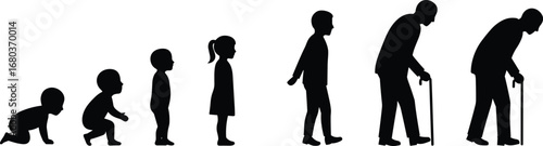 Silhouette of human growth stages from baby to elderly man, representing life journey, aging timeline, childhood, adulthood, and senior evolution
