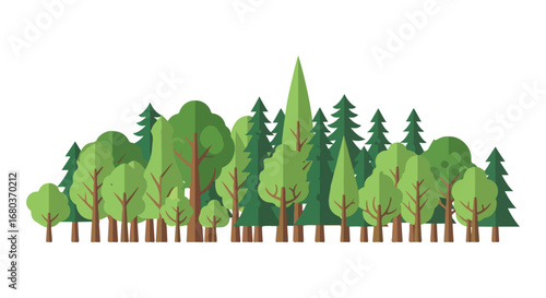 Stylized forest landscape illustration showcasing diverse green trees and varied heights providing a serene graphic for nature themes and backgrounds