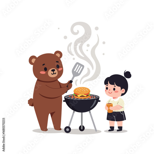 A cartoon illustration of a brown bear grilling a burger on a charcoal grill while a young girl watches with a drink.