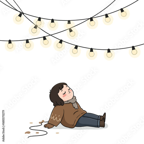 A person in warm clothing rests peacefully on the ground beneath a canopy of illuminated string lights, evoking a sense of calm and comfort.