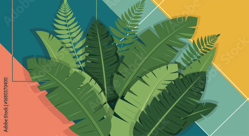 Abstract, macro close-up of a vibrant green fern plant with a textured leaf pattern, set against a dark background, evoking the lush essence of a tropical forest garden