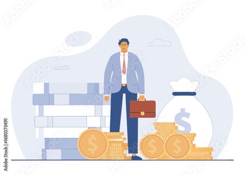 Successful businessman standing with briefcase, coins, and money bag, symbolizing financial prosperity and wealth
