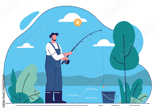 Man fishing by a tranquil lake under a blue sky, enjoying leisure and the potential for financial gains
