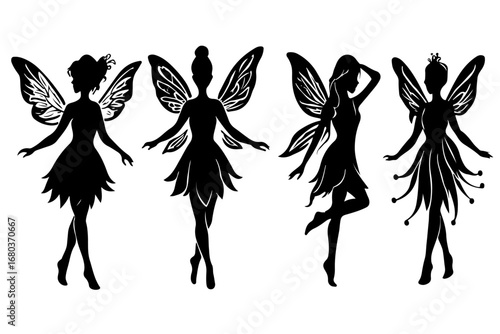 Fairy on Crescent Moon Black Silhouette Vector Illustration