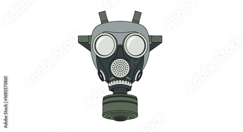 Stylized illustration of a gray gas mask with clear lenses and multiple filter chambers for respiratory protection