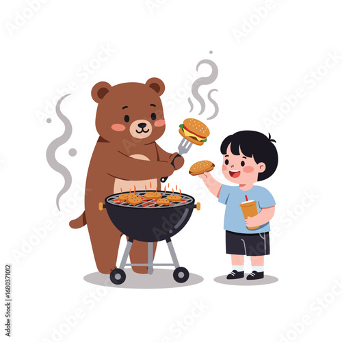 Cartoon illustration of a bear grilling food on a barbecue while a young boy holds a bun, both smiling and enjoying the outdoor cooking.