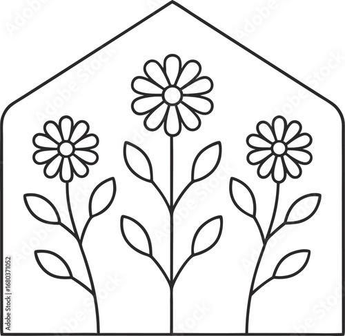 Minimalist flower arrangement in a house shape with simple outlines and a clean aesthetic for modern designs and creative projects