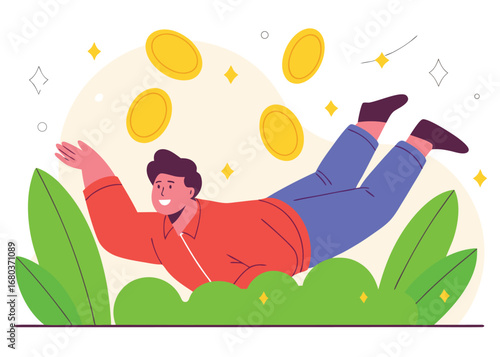 Joyful man celebrates financial success with falling gold coins, representing wealth, earnings, and investment gains