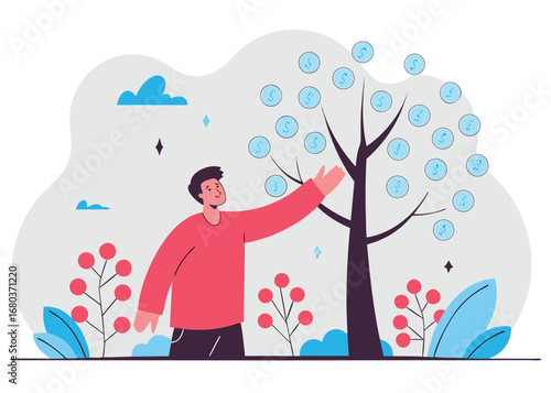 Joyful man celebrates financial success with reach out towards coins tree, representing wealth, earnings, and investment gains