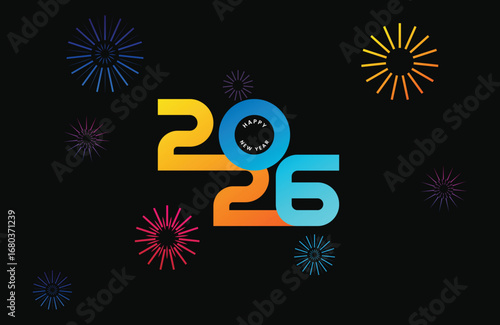 Celebrate 2026 with vibrant fireworks and bold colorful numerals on a dark backdrop