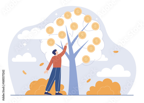 Man reaching for golden coins on a money tree symbolizing financial growth and investment success