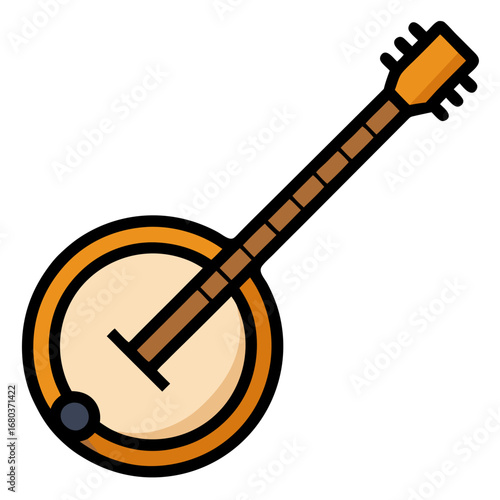 Banjo with black outline, musical instrument vector on white background.
