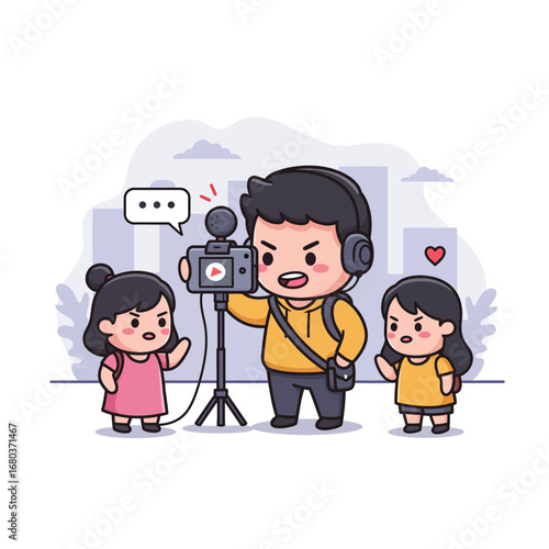 A videographer films two young girls, one on each side, with a camera on a tripod, capturing content with a speech bubble indicating communication.