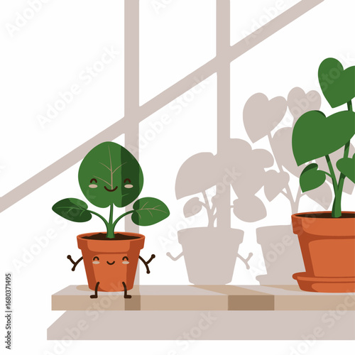 Two potted plants with faces sit on a shelf in front of a window, one casting a shadow.