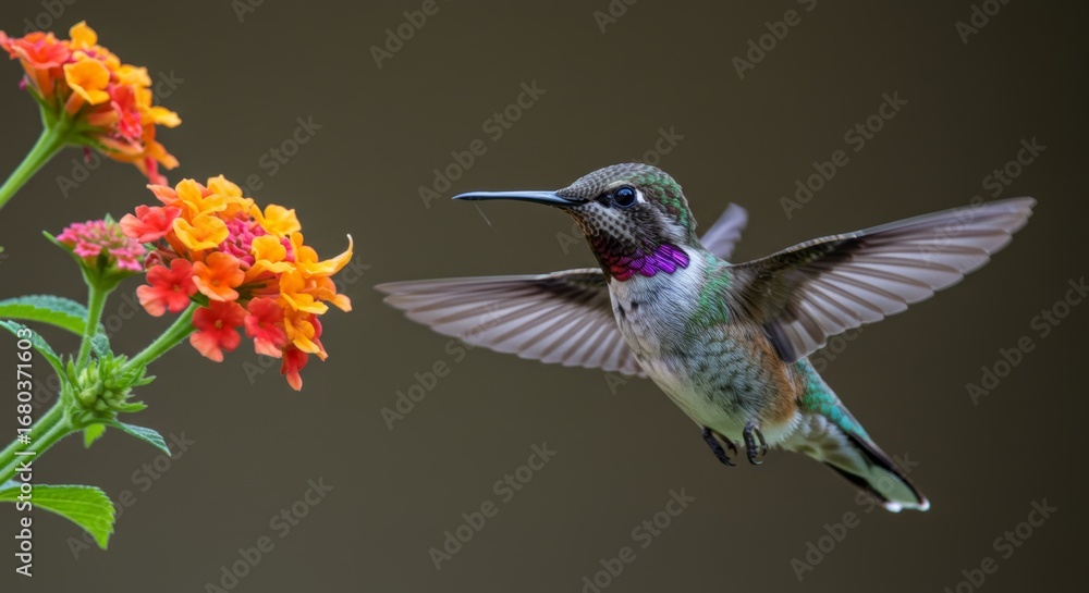 Fototapeta premium Hummingbird marvelously soars near vibrant lantana flowers in gentle light