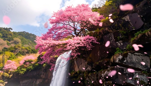Wallpaper Mural A breathtaking waterfall cascading down a rocky cliff face, adorned with vibrant cherry blossoms. Soft pink petals float in the air, creating a picturesque springtime scene Torontodigital.ca