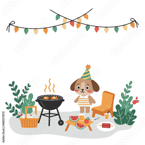 Cartoon illustration of a dog wearing a party hat, grilling food at a picnic with watermelon and drinks under festive string lights.