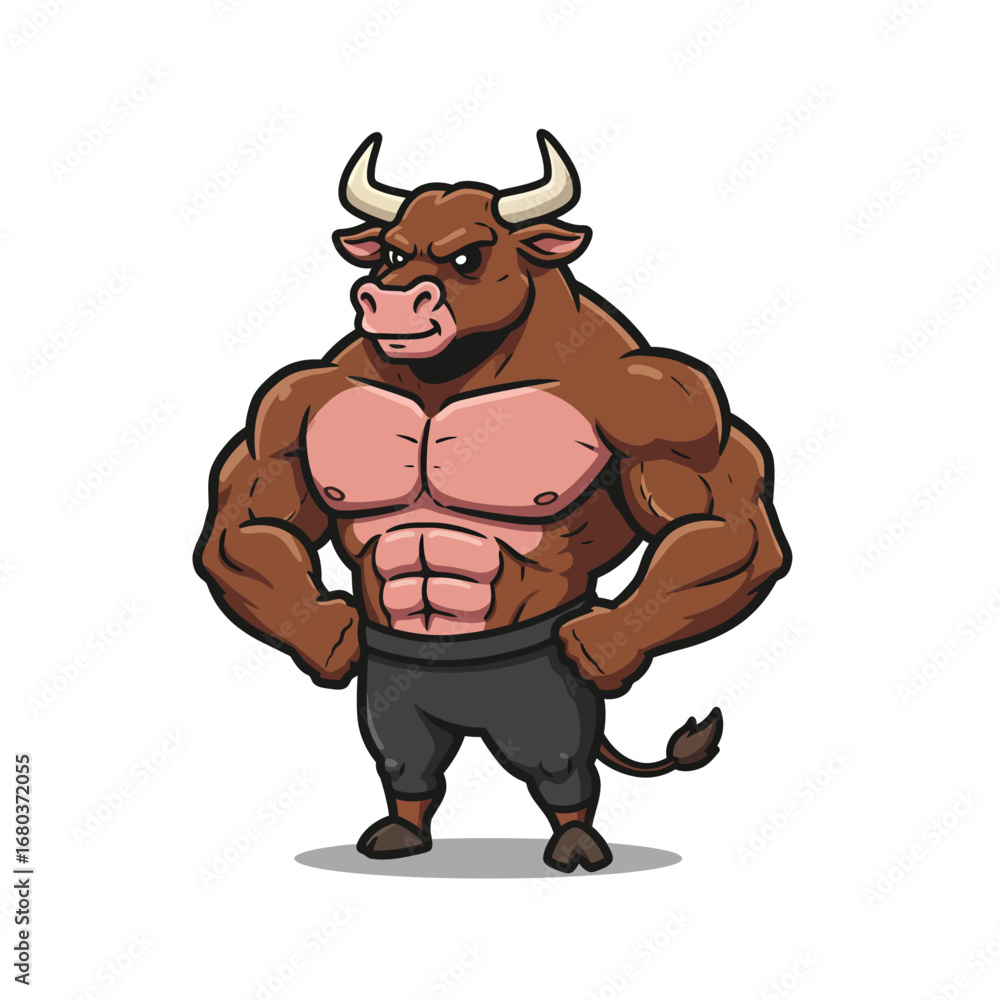 Fototapeta premium A muscular cartoon bull mascot standing confidently with hands on hips.