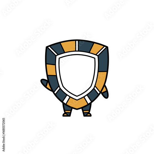 A cute, cartoonish shield character with a friendly wave and stubby legs, standing against a white background.