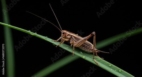 Wallpaper Mural Detailed close up of a brown cricket perched on a vibrant green blade of grass with water droplets creating a striking contrast Torontodigital.ca