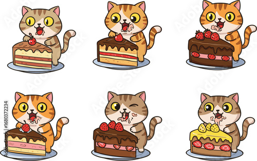 Cute cartoon cats eating cake, funny dessert scene, adorable kittens with sweets, happy animals enjoying strawberry and chocolate layered pastries